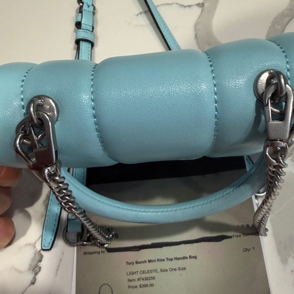 Tory Burch Mini Kira Top Handle Bag (paid $398). See receipt . Baby blue - Picture 12 of 14